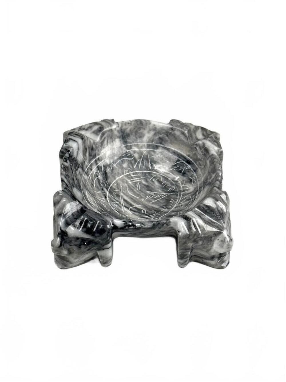 Vintage Gray Marble Ashtray Square Footed Carved Incised Aztec Art Catchall